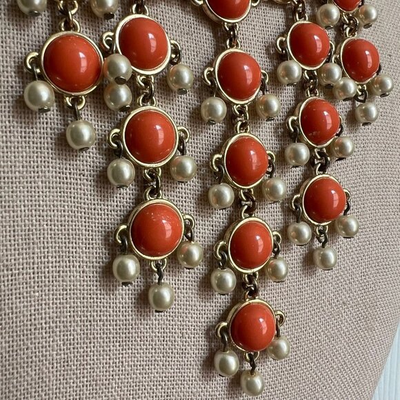 Orange Lucite Gold Tone Festoon Bib Style Dangle Costume Fashion Estate Necklace - Picture 3 of 7